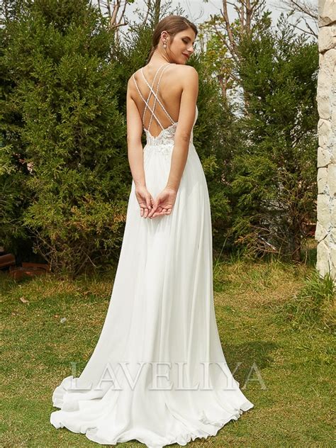 A Line V Neck Appliques Lace Sweep Train Chiffon Wedding Dress Laveliya