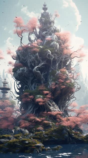 Premium Photo | A painting of a tree with pink flowers and a pink tree on it