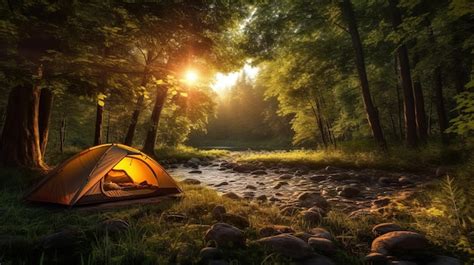 Premium Photo | Camping tent in a camping in a forest by the river