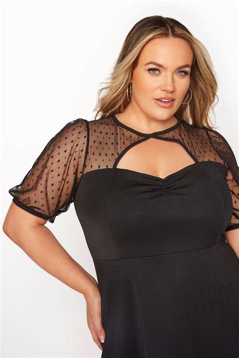 Yours London Plus Size Black Polka Dot Mesh Midi Skater Dress Yours