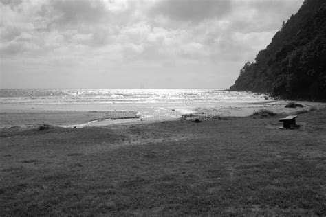 Beach Sand Rock Water Ocean Black Sand Beach Sky River Rippling Stock