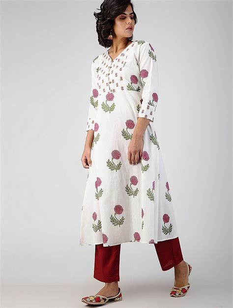 Buy White Block Printed Cotton Kurta Online At Dress