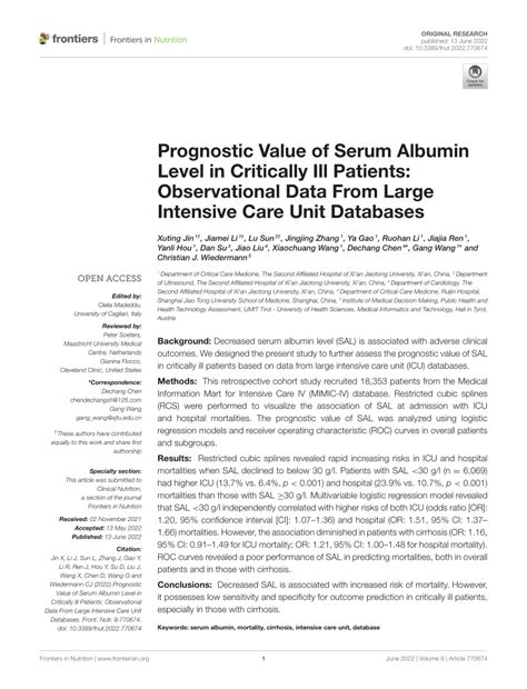 PDF Prognostic Value Of Serum Albumin Level In Critically Ill