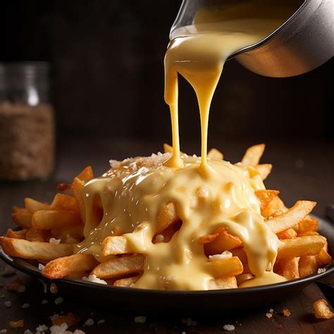 Premium Photo Pouring Cheese Sauce On French Fries Closeup