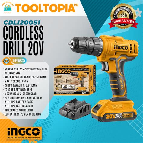 INGCO Cordless Drill 20V CDLI20051 High Quality Brands Tool Topia PH