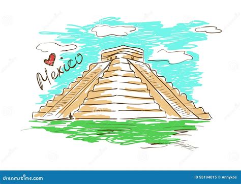 Skissa Illustrationen Av Chichen Itza Den Mayan Pyramiden I Mexico