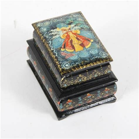 Lot Russian Hand Painted Folk Art Lacquer Double Trinket Box With