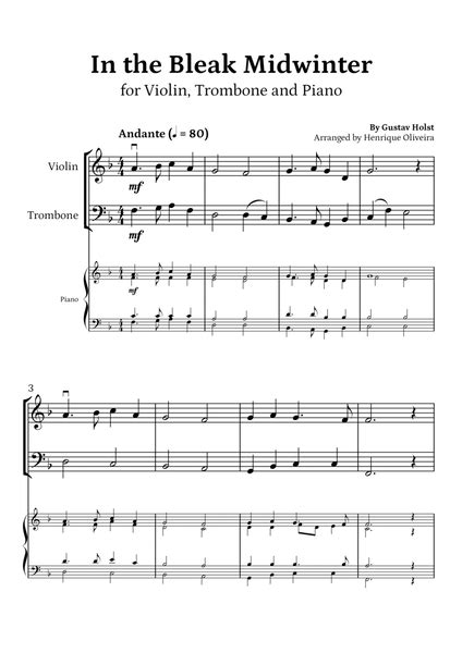 In The Bleak Midwinter Violin Trombone And Piano Beginner Level By