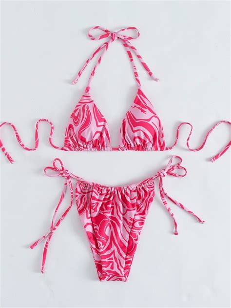 Shein Swim Vcay Swirl Print Bikini Set Drawstring Triangle Bra And Thong