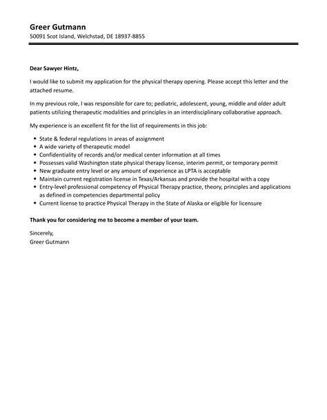 Physical Therapy Cover Letter Velvet Jobs