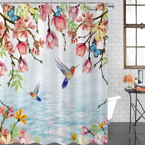 Caheansi Watercolor Floral Shower Curtain Hummingbirds