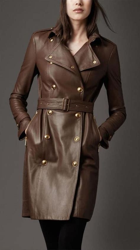 Vintage Brown Leather Trench Coat For Women Upper Genuine Leather Interior 100 Polyester