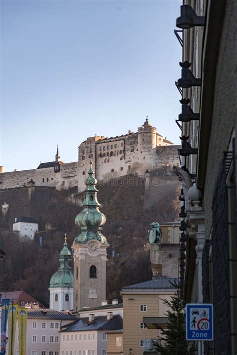 urban street view   hohensalzburg castle   background