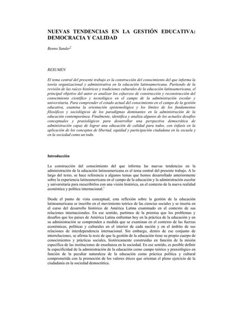 Nuevas Tendencias En La Gesti N Educativa Democracia Y Calidad Pdf