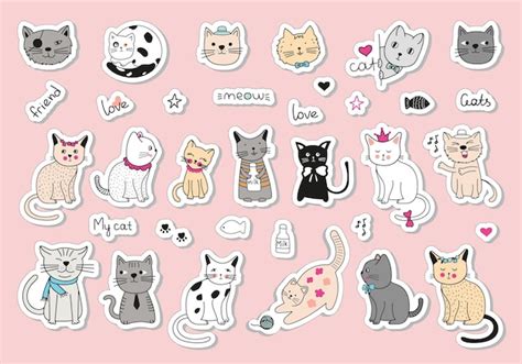 Premium Vector | Set stickers with cats handdrawn doodle