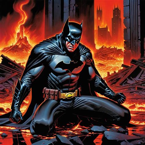 Batman Kneeling On The Ground In A Firey Ruin Weeping Shouting In