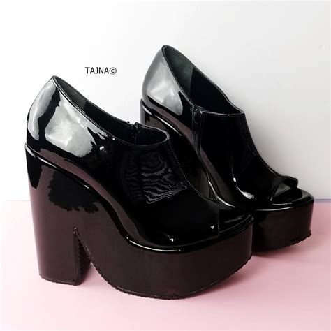 Black Patent Peep Toe Ankle Wedges | Tajna Club