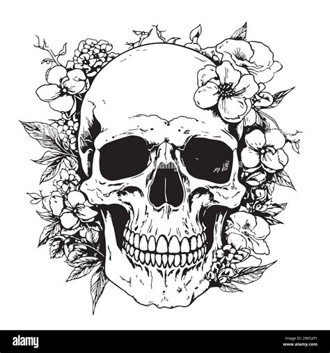 Skull In Flowers Death Day Sketch Hand Drawn Illustration Stock Vector