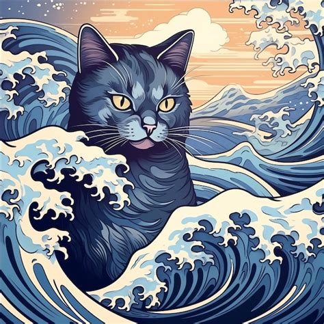 Premium Ai Image Cat On Wave