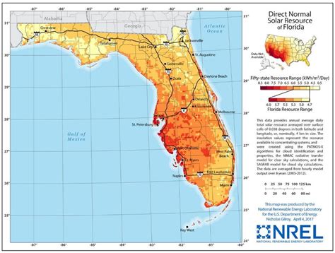 Map of Solar Insolation in Florida (National Renewable Energy ...