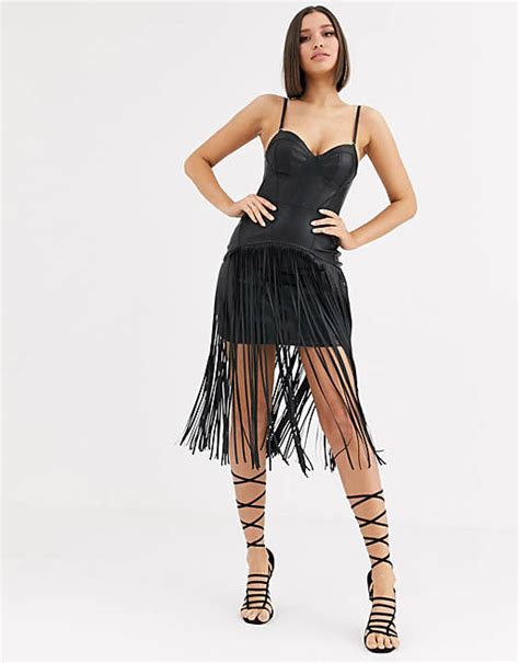 Asos Design Premium Fringe Pu Corset Detail Cami Midi Dress Asos