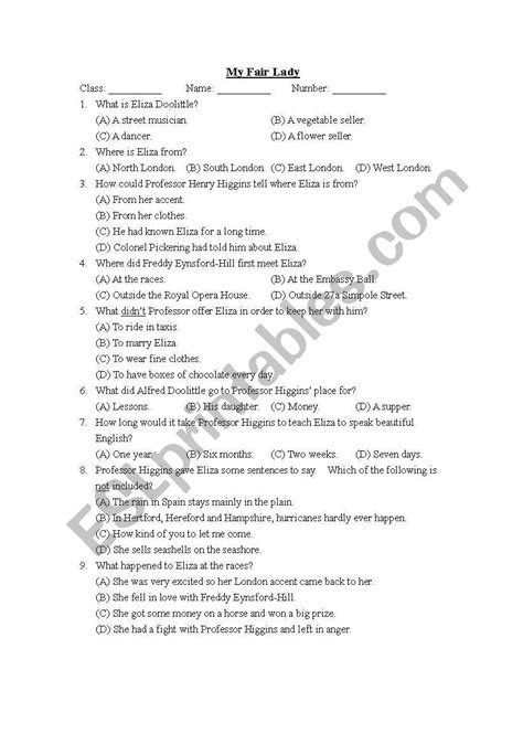 My Fair Lady Reading Comprehension Esl Worksheet By A