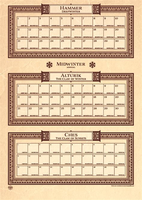 Printable Faerun Calendar Arts And Crafts Dandd Beyond General Dandd