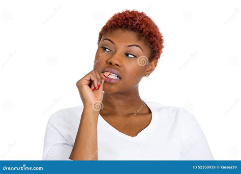 Woman With Finger In Mouth Sucking Thumb Biting Fingernail In Stress