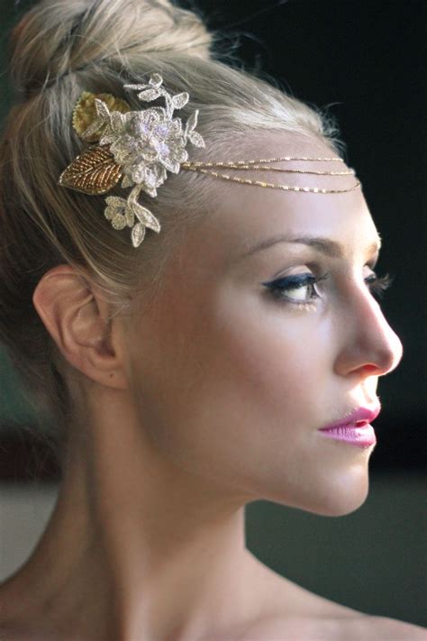 Bohemian Gold Bridal Halo Headpiece Wedding Headdress Lace And Pearls