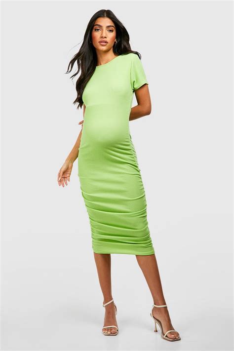 Womens Maternity Crinkle Rib Ruched Short Sleeve Bodycon Dress Boohoo Uk