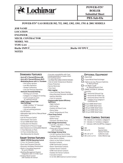 Fillable Online Standard Features Optional Equipment Lochinvar Fax