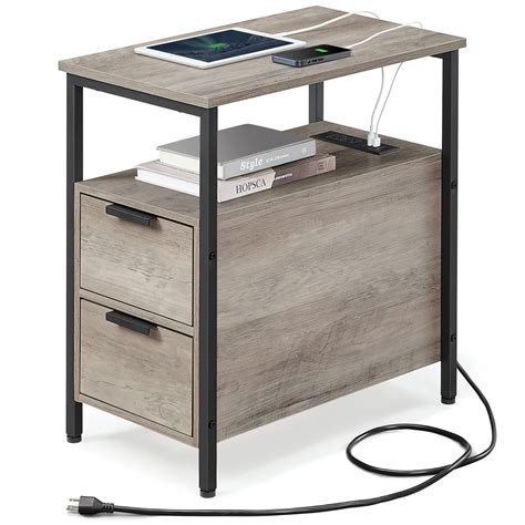 VASAGLE Side Table With Charging Station Narrow End Table With 2