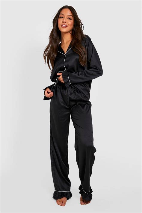 Premium Satin Frill Pyjama Trouser Set Boohoo Uk