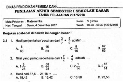 Soal Ulangan Matematika Kelas 5 Semester 1 K 13 Sekolahdasarnet