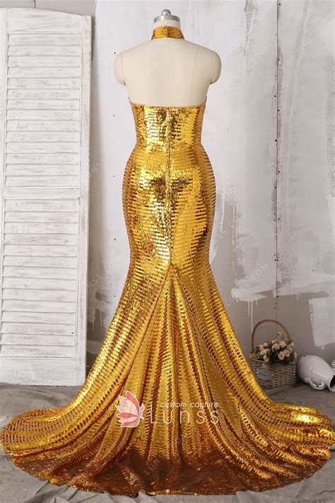 Bedazzled Shiny Gold Sequin Choker Neck Mermaid Prom Gown Lunss