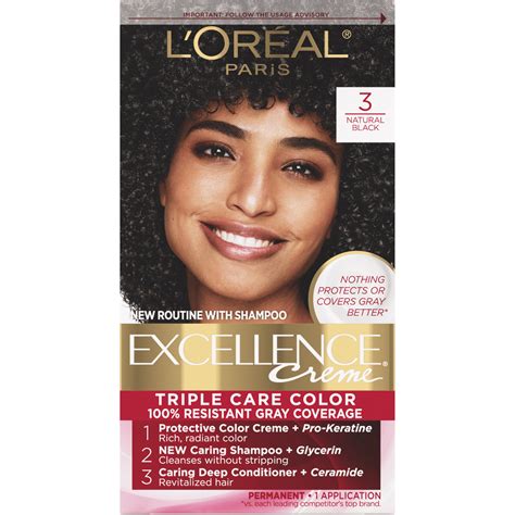 L'Oreal Paris Excellence Creme Permanent Hair Color, 3 Natural Black ...