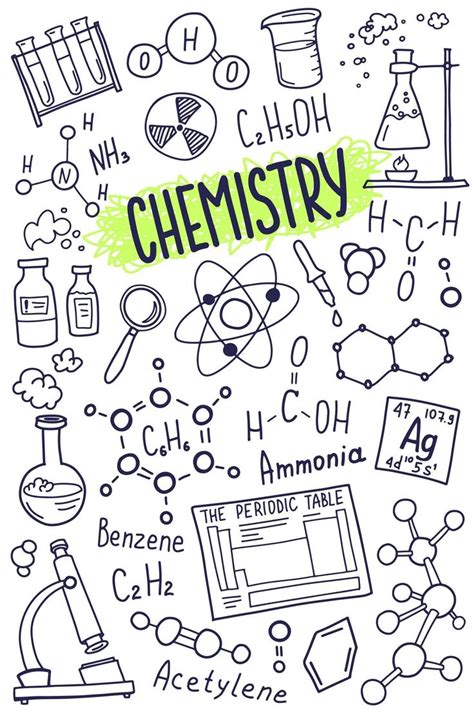 Chemistry symbols icon set. Science subject doodle design. Education ...