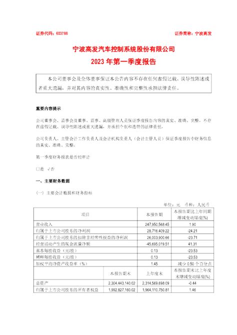 宁波高发：2023年第一季度报告