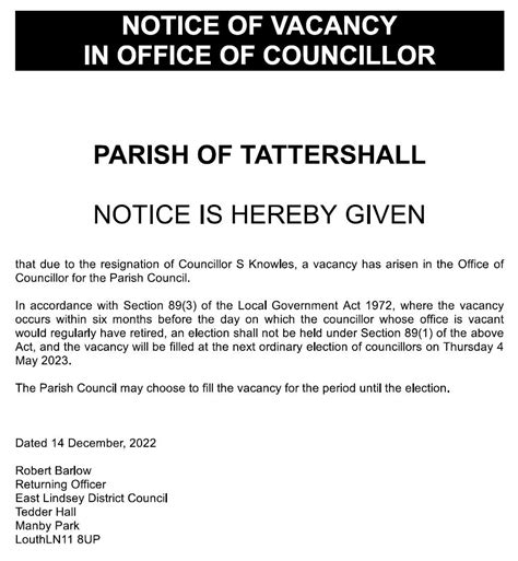 Parish Council Vacancies Tattershall With Thorpe Parish Council