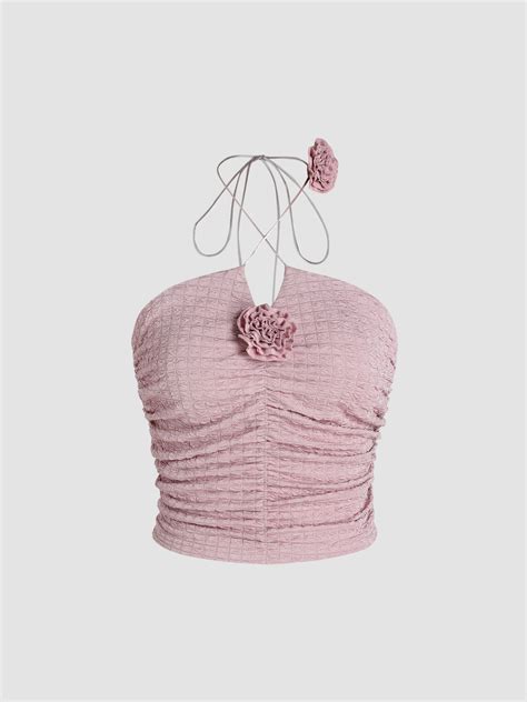 Knit Fabric Rosette Shirred Halter Crop Cami Top For Date Daily Casual