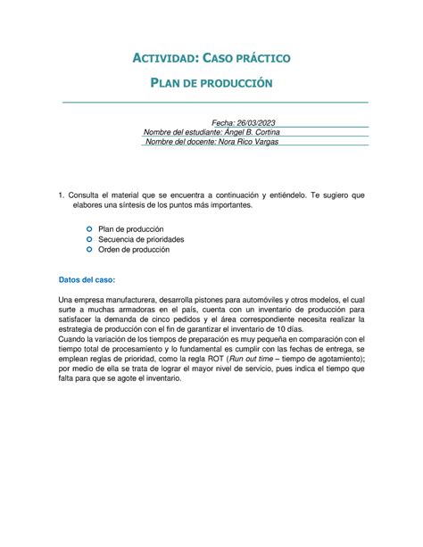 A3 ABCT Caso ACTIVIDAD CASO PRCTICO PLAN DE PRODUCCIN Fecha 26