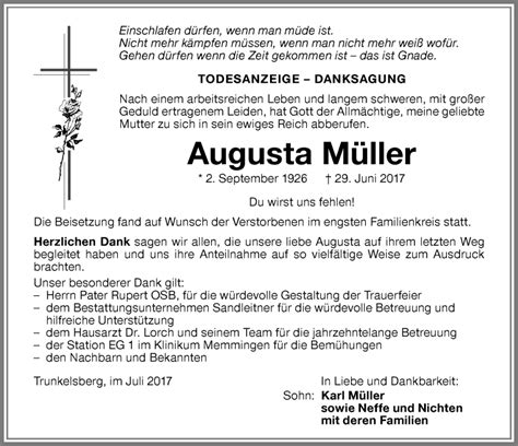 Traueranzeigen Von Augusta M Ller Allg Uer Zeitung