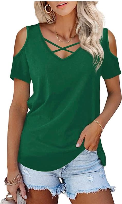 Amoretu Womens Summer Shirts V Neck Criss Cross Cold Shoulder Tops