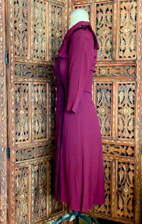 Vintage 1930s Merlot Red Velvet Midi Dress Rhinestone Gem