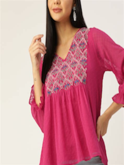 Buy Antheaa Pink And Blue Embroidered Dobby Weave A Line Top Tops For