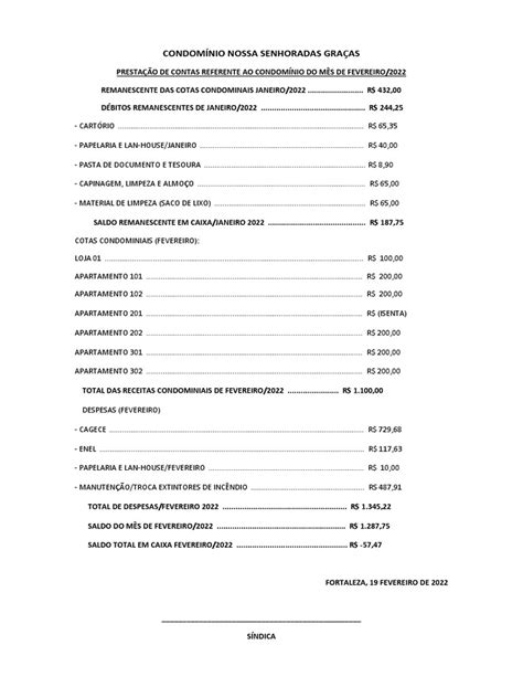 Relatório Financeiro Do Condomínio Nossa Senhora Das Graças Referente