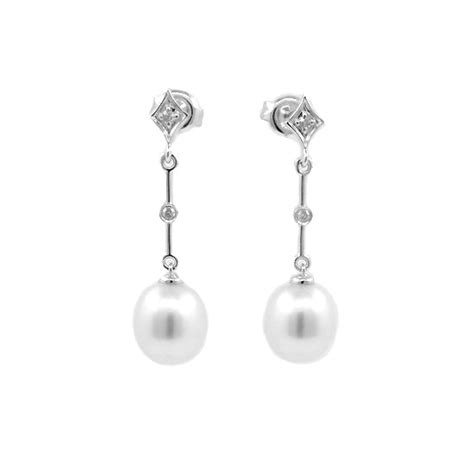 Freshwater Cultured Pearl And Diamond Dangle Earrings 14k White Gold Pearl Jewelry Stores