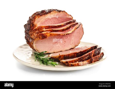 Plate With Tasty Smoked Ham Isolated On White Background Stock Photo