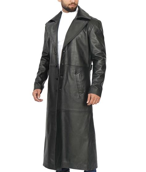 Mens Real Leather Black Trench Coat Full Length Duster Coat