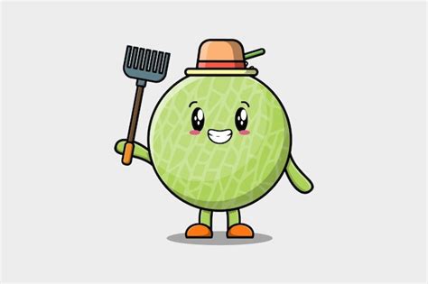 Premium Vector Cute Cartoon Agricultural Worker Melon With Pitchfork